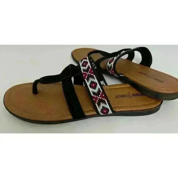 EUC Minnetonka Moccasin Sandal, Barbados Sandal Black Size 10 Leather Flip Flop - Picture 3 of 8